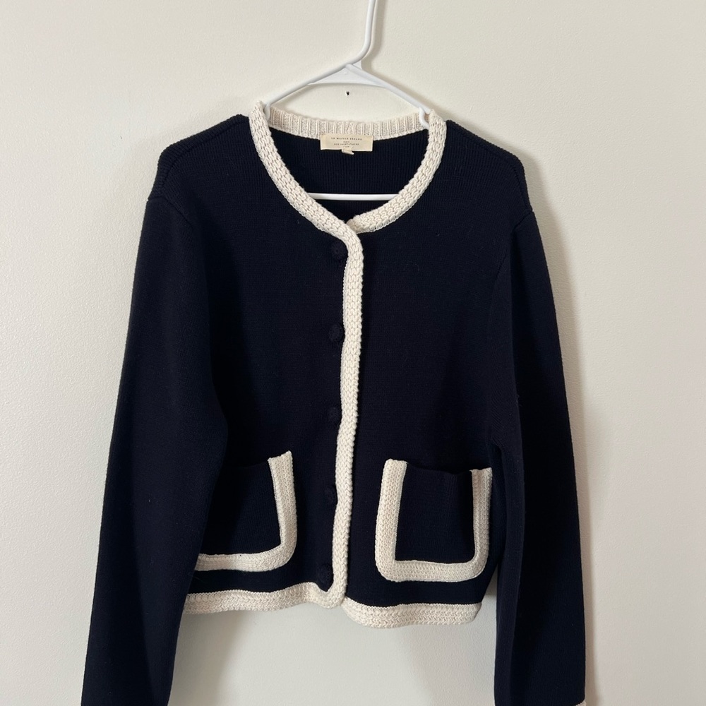 Sezane Auguste Navy and Cream Cardigan size L